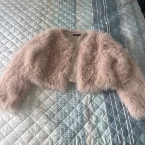 SHEIN Plush Faux Fur Jacket in Light Tan